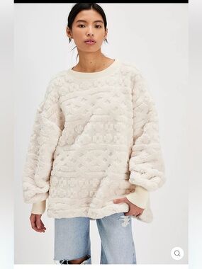 Free People Cable Knit Cream Textured Plush Knit Sweater